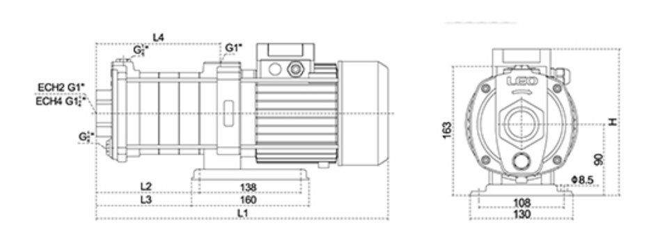 ابعاد پمپ استیل افقی لئو ECH 4